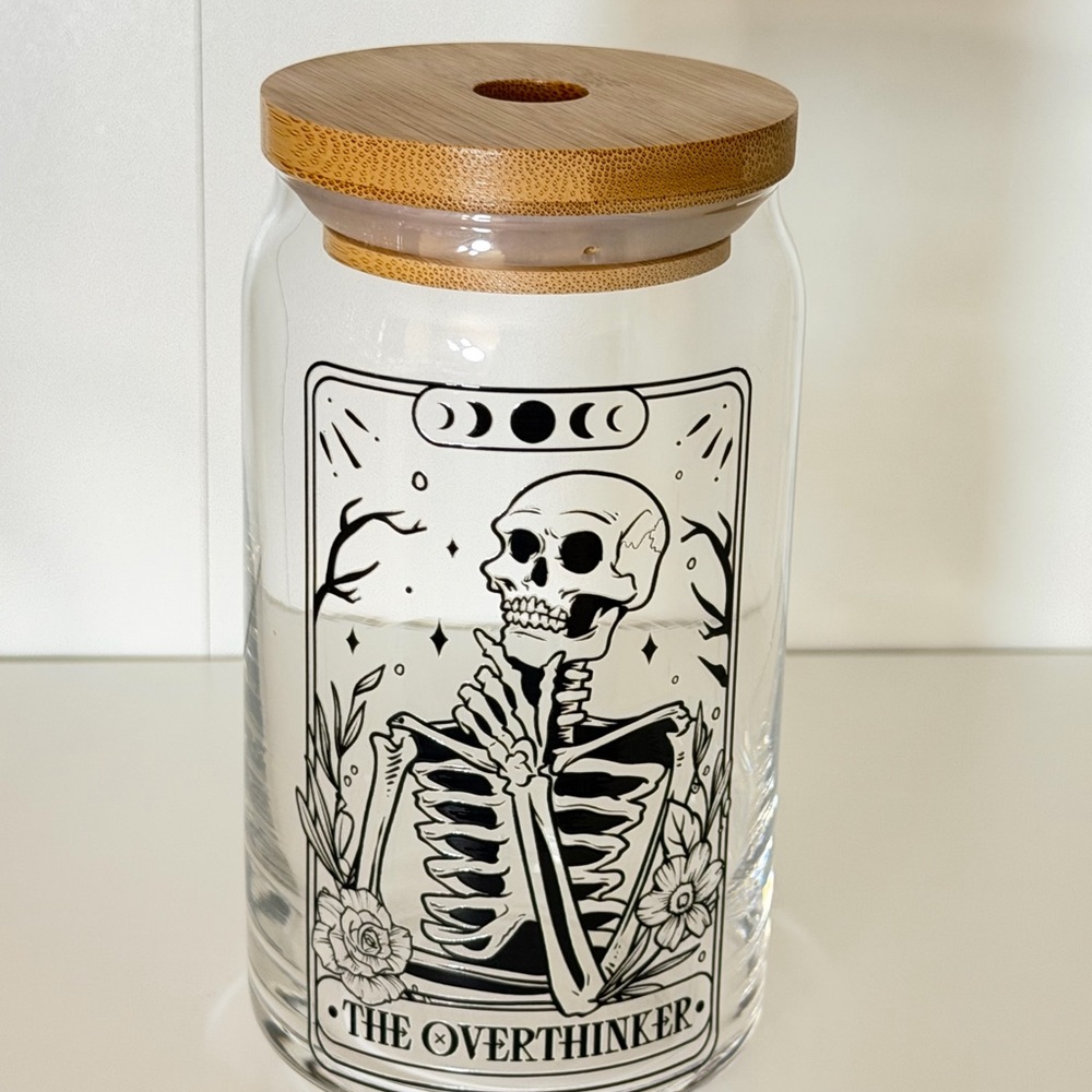 The Overthinker 16oz Libby Glass Tumbler with Bamboo Lid